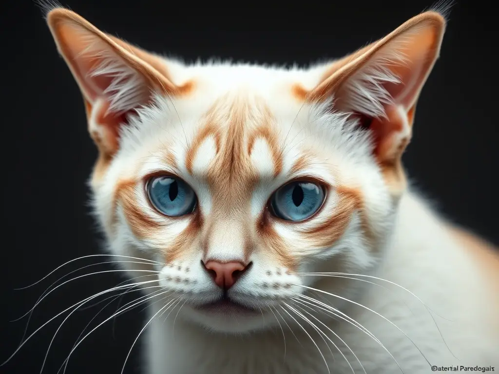 Un retrato de gato siamés con ojos azules en un fondo gris