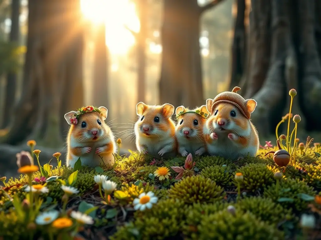 Portada fotorrealista: tres hámsters en bosque