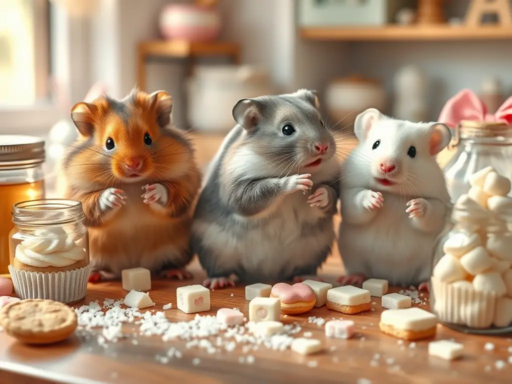 Tres hamsters adorables entre dulces pastelados