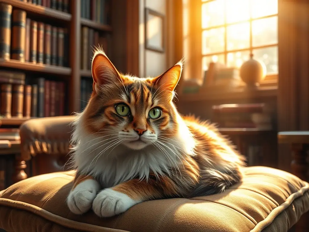 Un gato calico con ojos esmeralda en un rincón acogedor