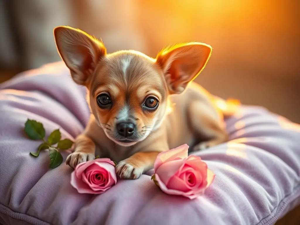 Una juguetona chihuahua adorada descansa en un cojín de lavanda