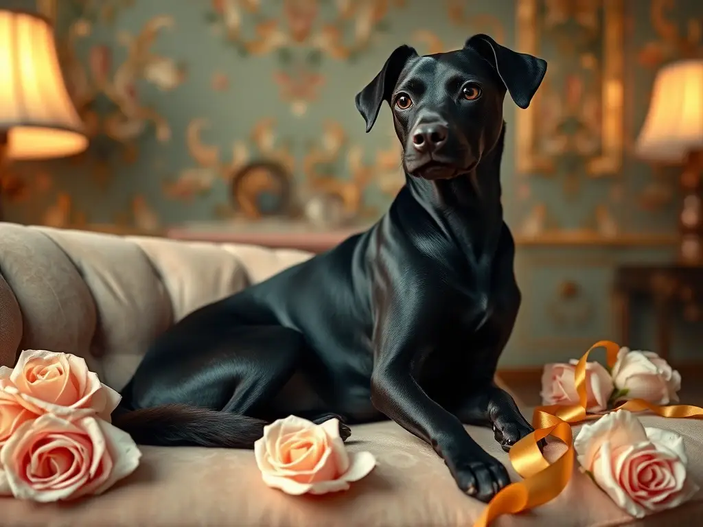 Perra negra elegante en chaise aterciopelada