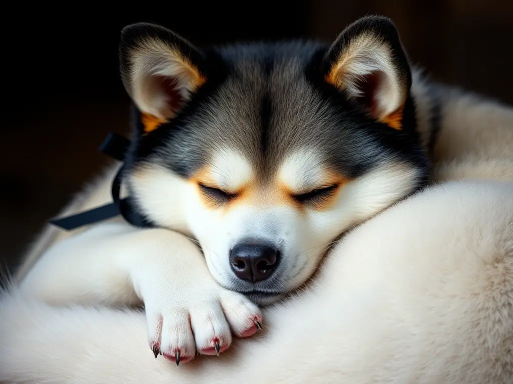 Foto realista de una shiba inu negra durmiendo con un collar, ideal para un artículo sobre nombres