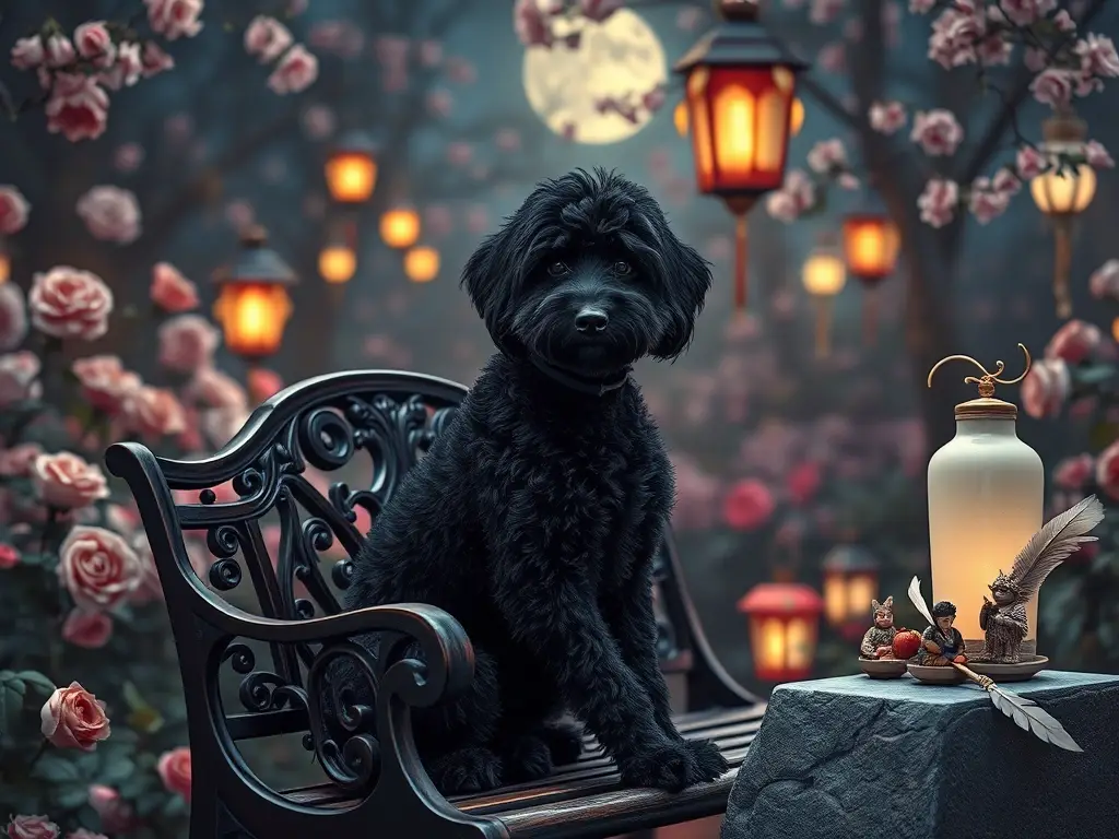 Perro negro elegante en banco bajo luna