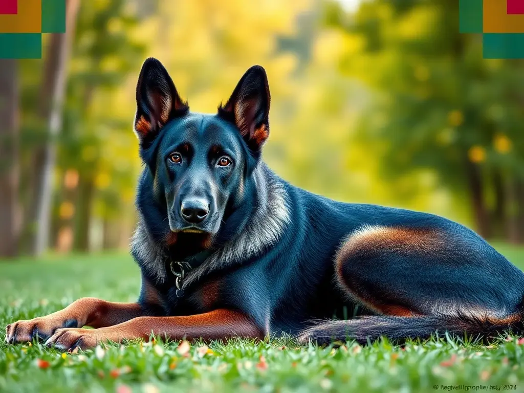 Fotorealista, perro de pastor alemán periwinkle, paisaje natural con patrón geométrico