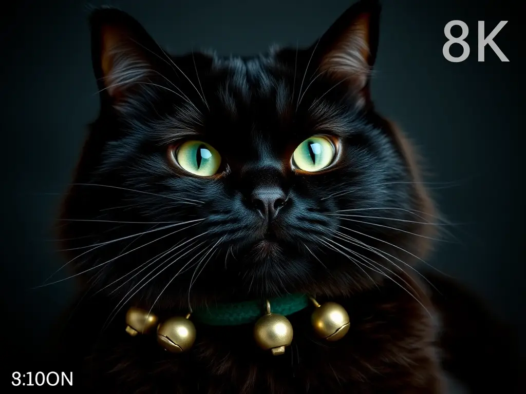 Fotografía realista de un gato persa negro con collar de terciopelo con campanillas