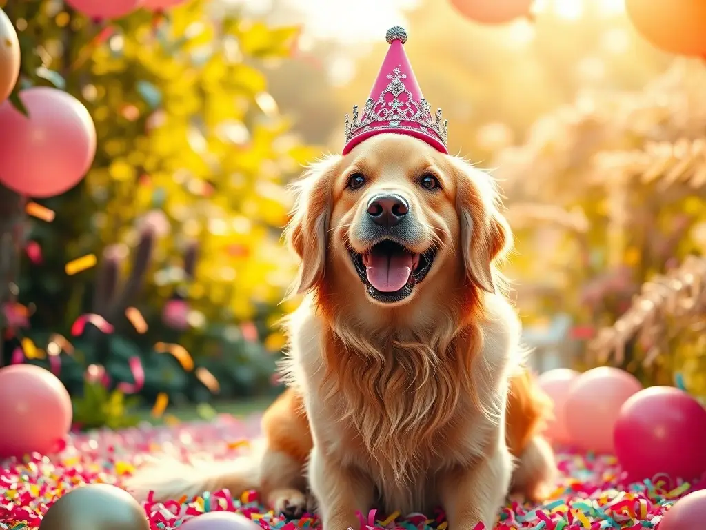 Golden retriever feliz con sombrero y tiara