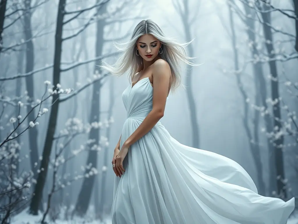 A photograph de una mujer blanca con cabello suelto, cubierta de misterio en un bosque mágico