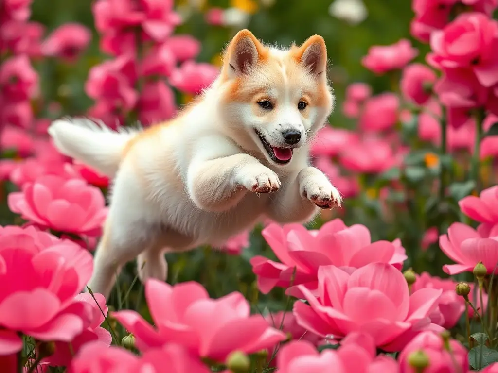 Un cachorro blanco de pastoreo con fuego salta sobre un jardín floral