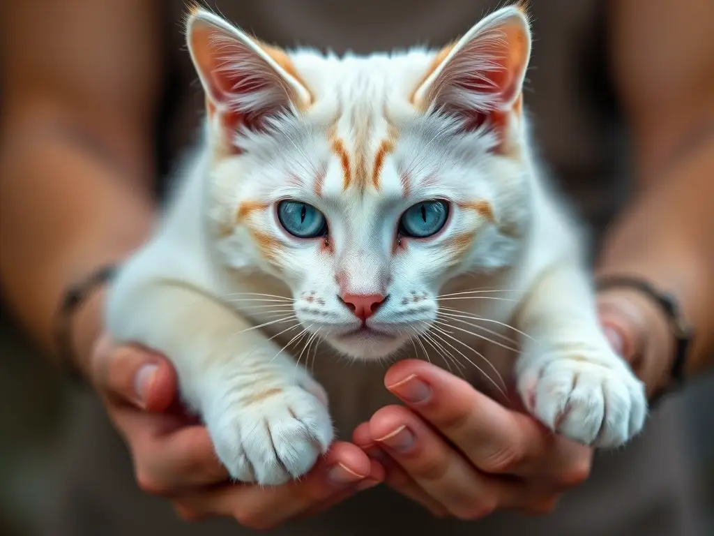 Imagen realista de gato blanco elegante en manos humanas