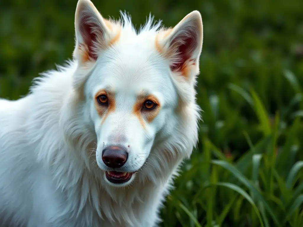 Foto realista de un perro alemán pastor blanco majestuoso en un césped verde