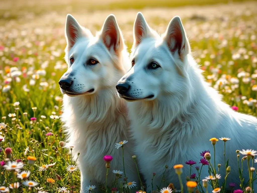 Fotografía realista de dos perros alemanes blancos con belleza ethereal