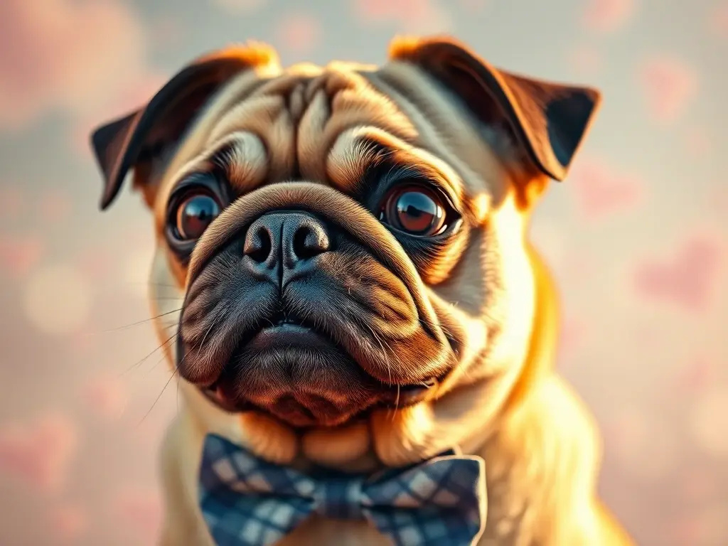 Primerísimo plano fotorealista de pug con pajarita
