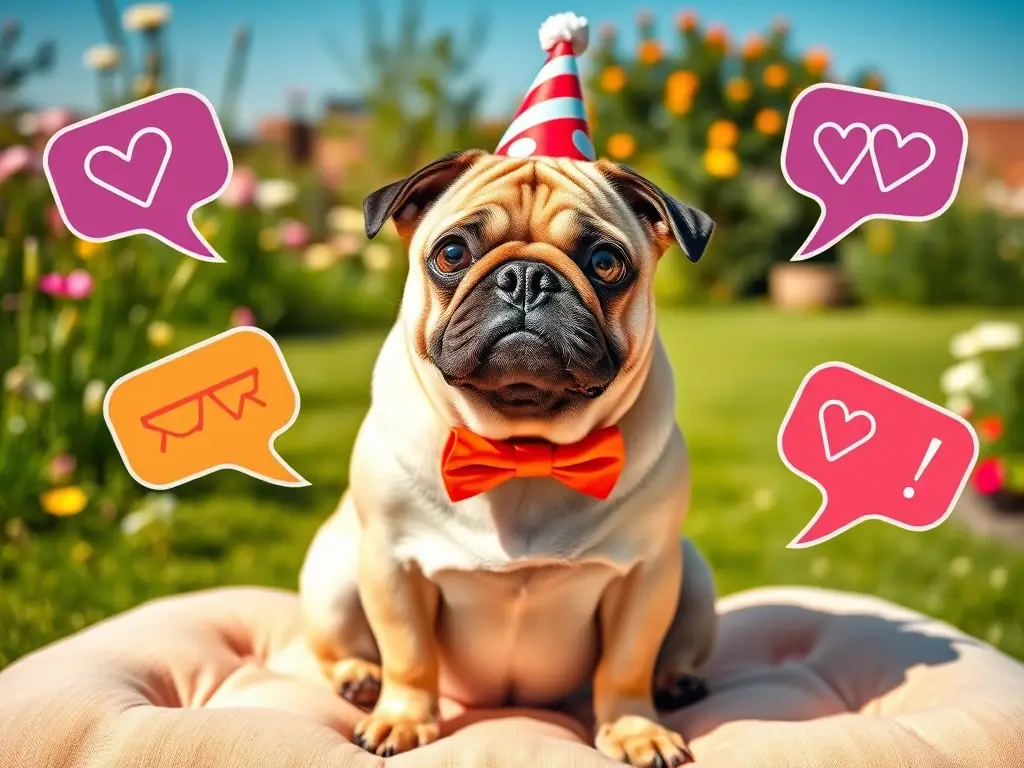 Pug carismático con corbata roja, jardín