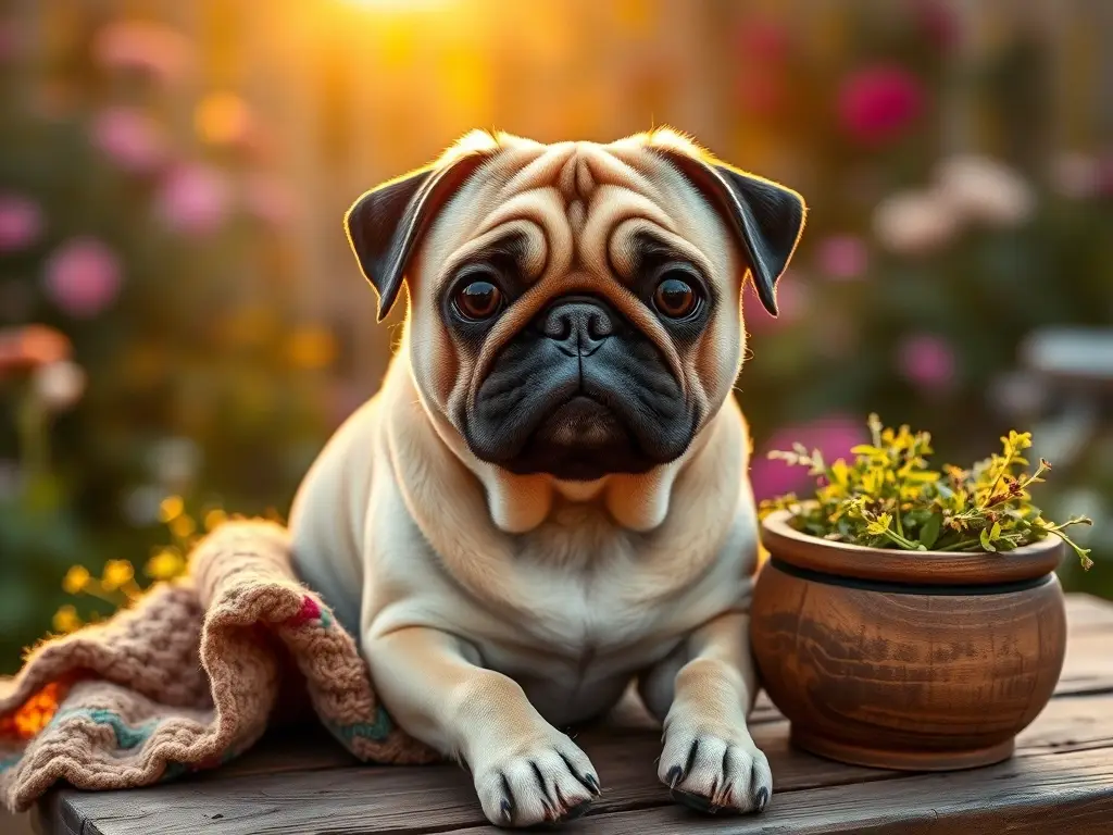 Pug carismático sobre madera al amanecer