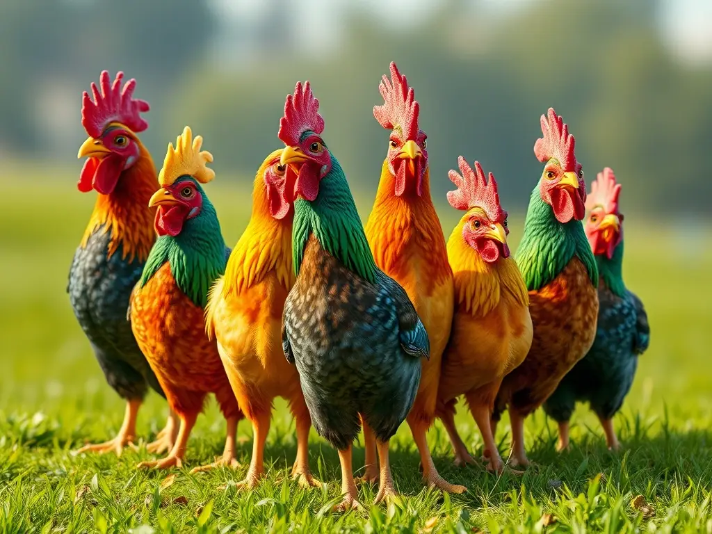 Ilustración de gallinas coloridas y detalladas en un campo verde