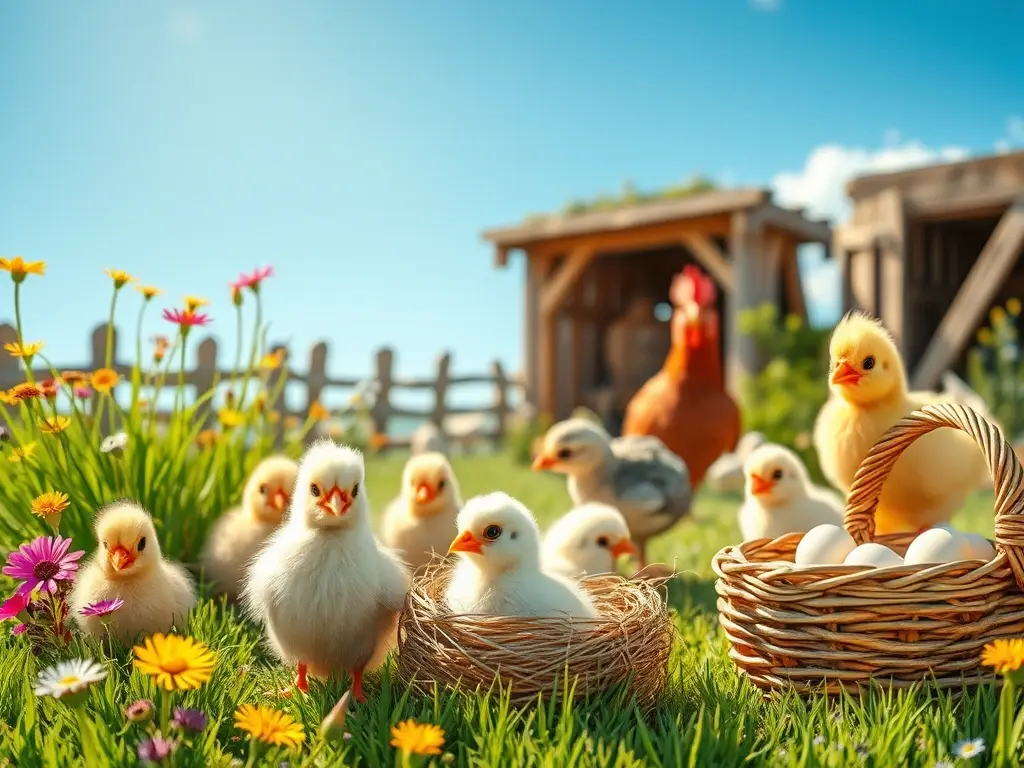 Escena de granja con pollitos y gallinas