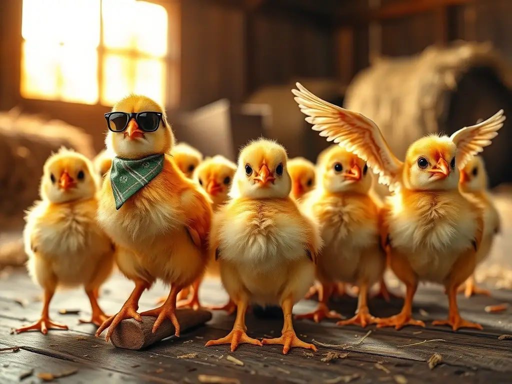 Pollitos machos con estilo en granero