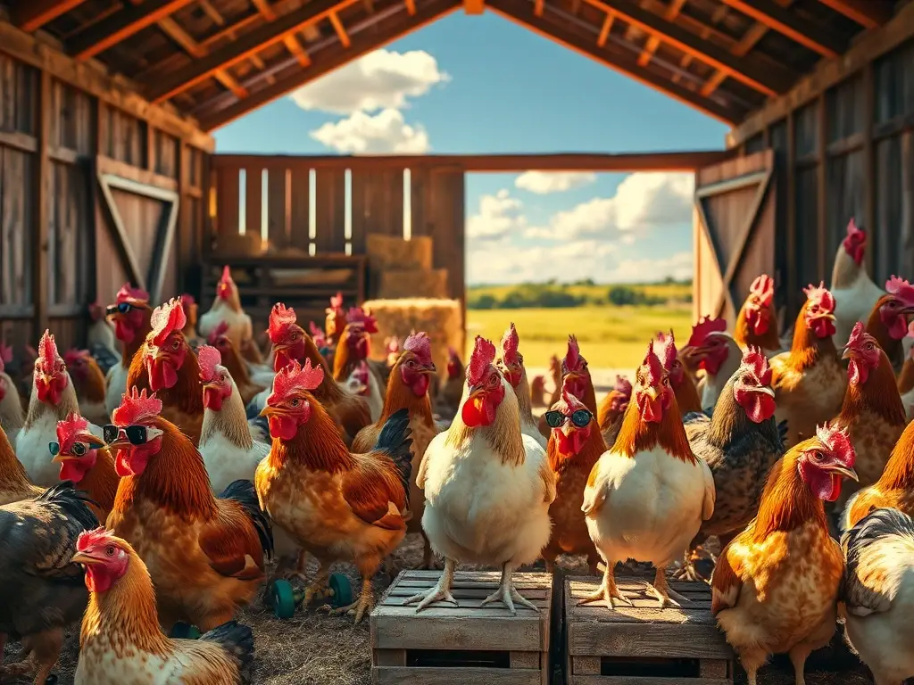 Gallinas juguetonas en granja luminosa y detallada