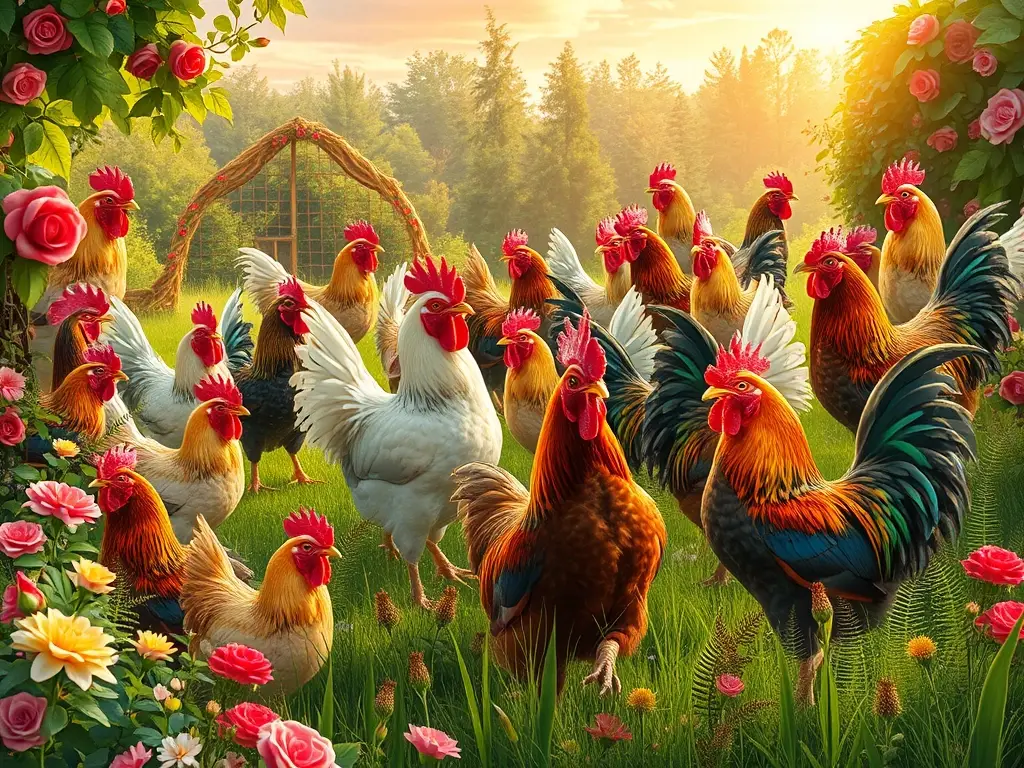 Escena vibrante de granja con gallinas coloridas