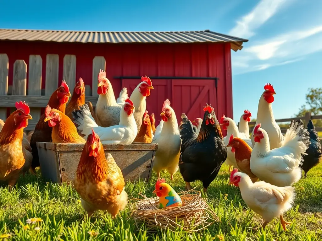 Granja soleada con gallinas de distintas razas