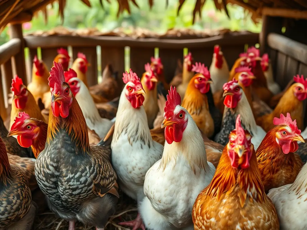 Foto realista de un huerto de gallinas felices, meticulosamente detallado