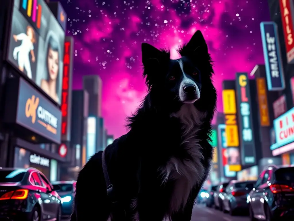 Una Collie de aspecto real y majestuosa, con ojos brillantes, luce en la noche futurista
