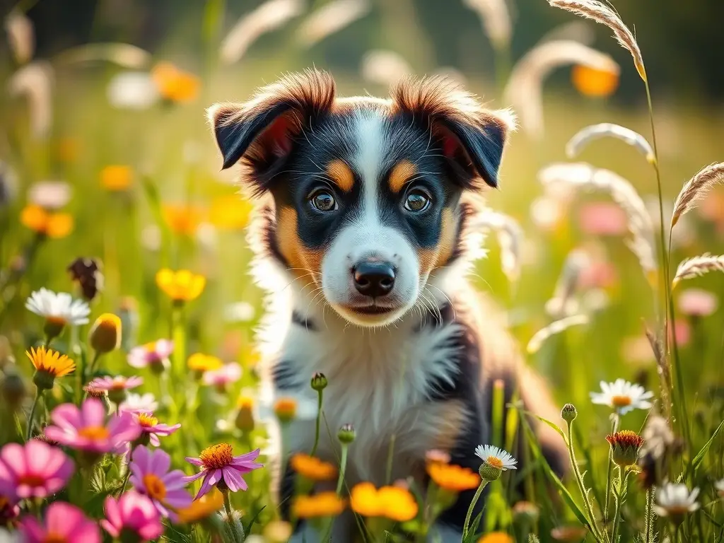 Fotorealista de un cachorro de Border Collie juguetón en un prado