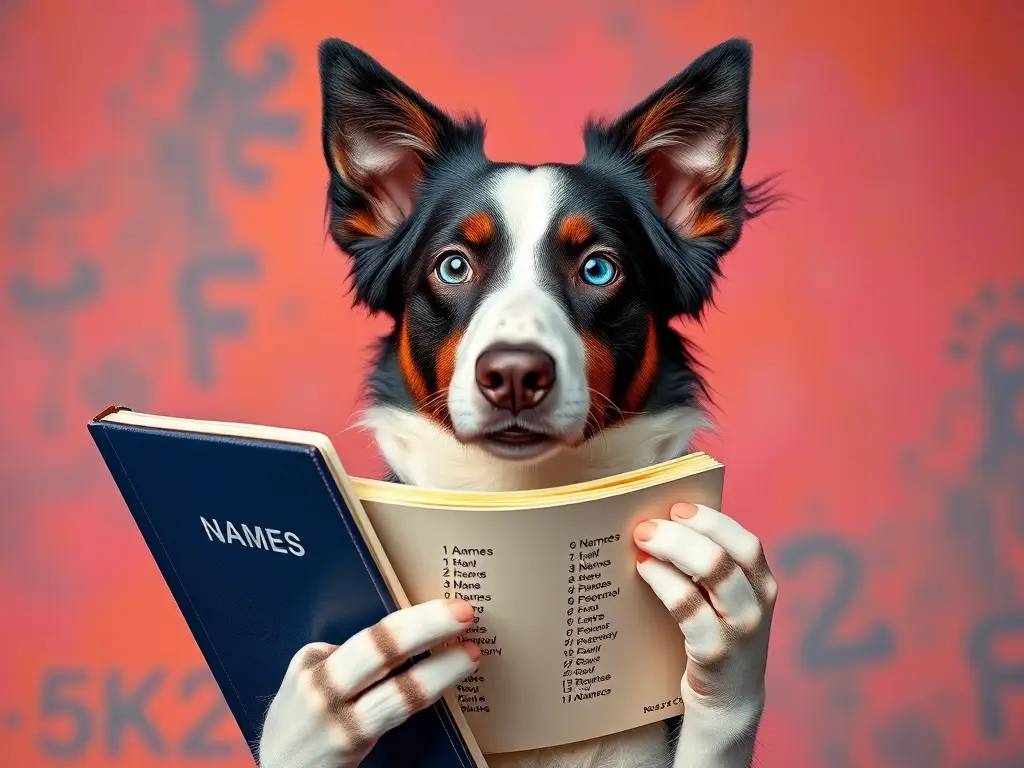 Una imagen realista de un perro pastor con ojos azules y un cuaderno con nombres de perros