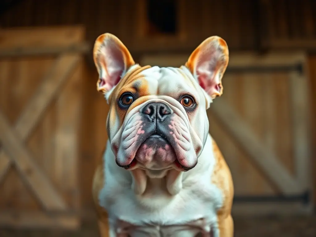 Fotografía realistica de bulldog elegante en un barn rústico