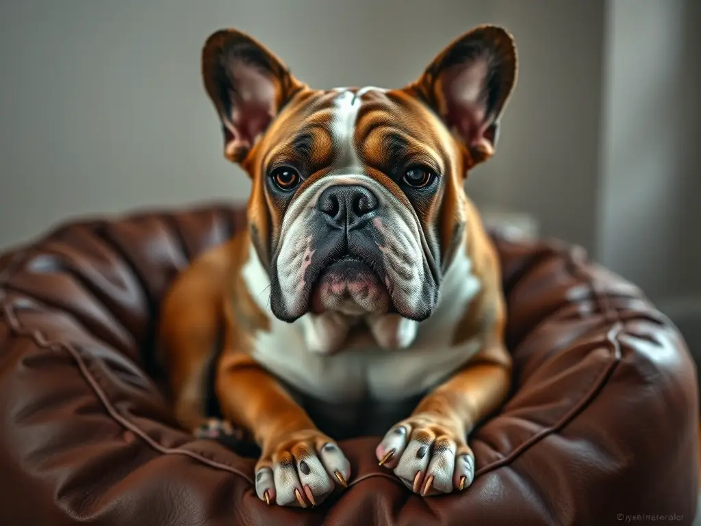 Fotografía realista de Bulldog francés en cama vintage
