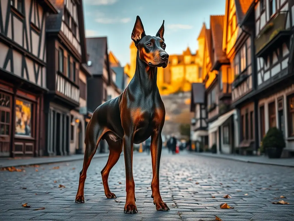 Doberman majestuoso en plaza alemana antigua