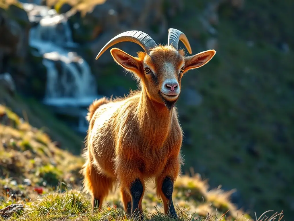 Imagen de un cariñoso cabra marrón con lana iridiscente espectacular