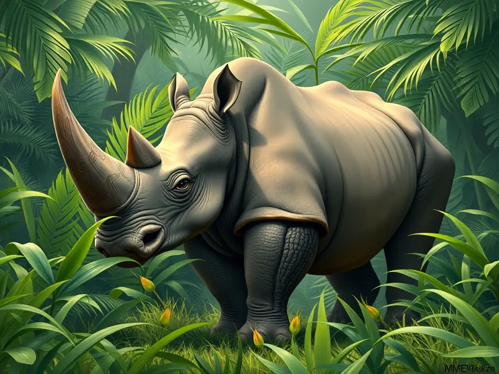 Ilustración realista de rinoceronte muscular en un jungla, sin distorciones