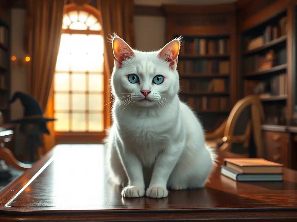 Gato blanco señorial, rodeado de íconos ficcionales