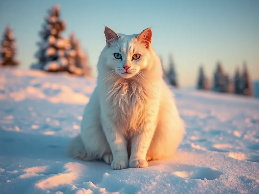 Gato blanco majestuoso en colina nevada