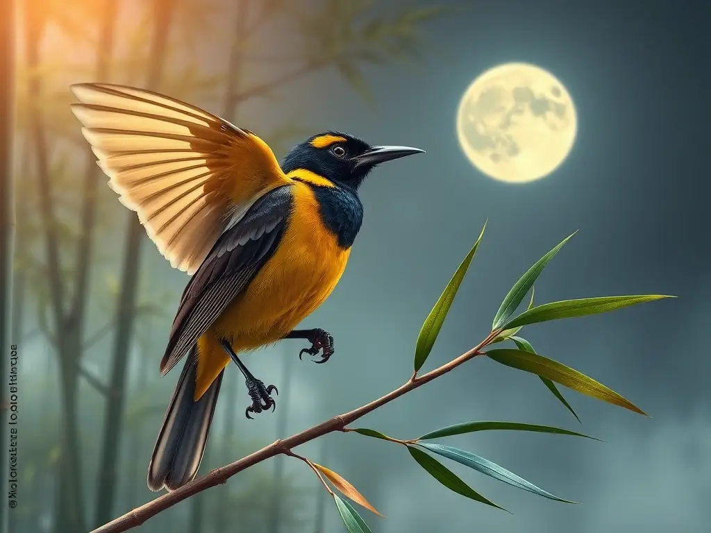 Fotorealistic cover de un pájaro japonés majestuoso en un bosque de bambú