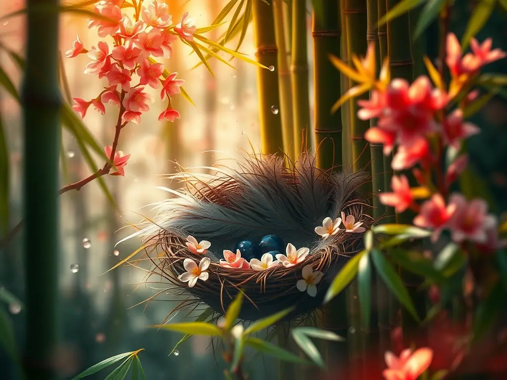Una obra de arte evocadora con detalles vibrantes de plumas y flores