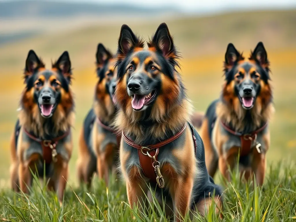 Portrait of majestic shepherd dogs in leather vests, realistic photography