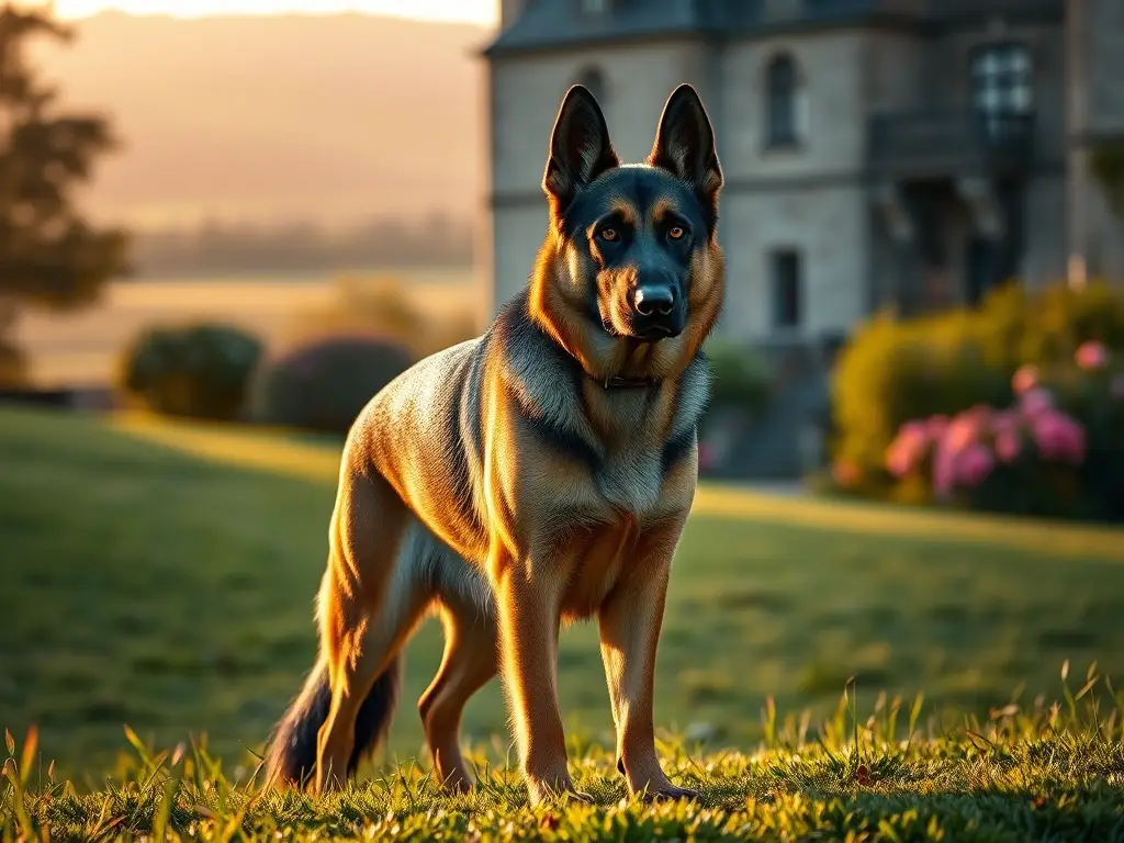 Majestuosa elegante pastor alemana en pradera dorada