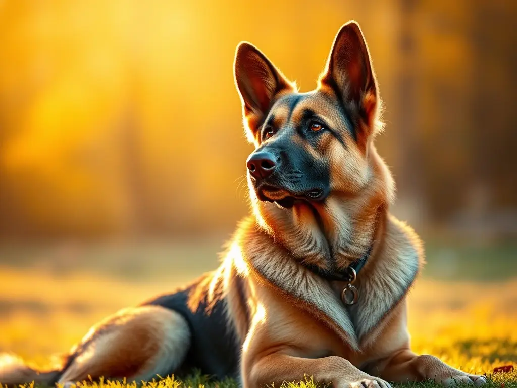 Fotografía realista de un perro pastor alemán majestuoso meditando al sol