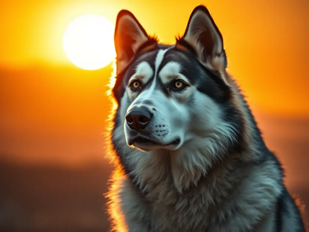 Una husky majestuosa con aura poderosa, enmarcada en un amanecer dorado