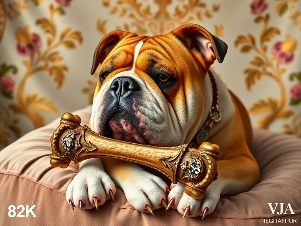 Fotorealista, 8K, bulldog elegante con hueso y collar antiguo