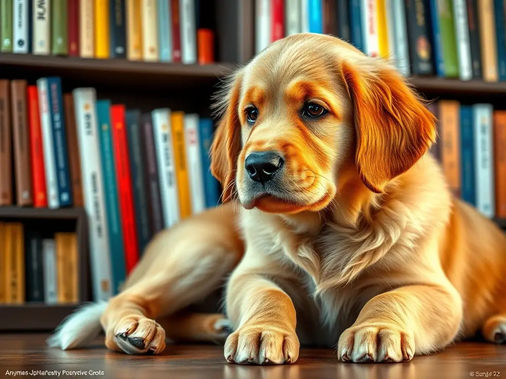 Fotografía realista de un retriever dorado con libros sobre perros