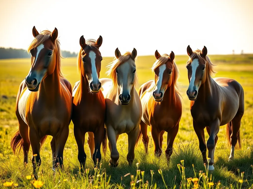 Un retrato vívido de caballos majestuosos en un prado dorado