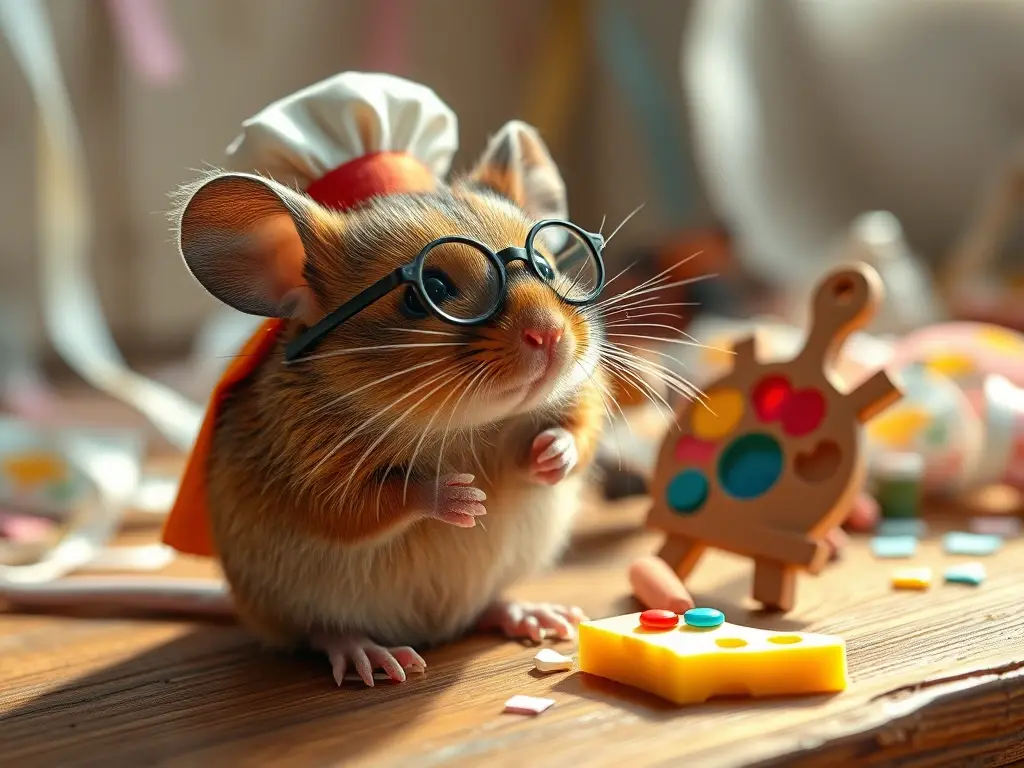 Ratón con mini accesorios en mesa rústica