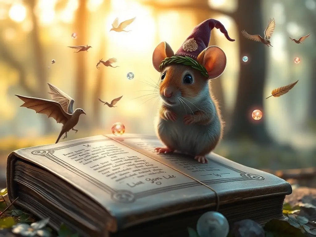 Ratón mágico sobre libro en bosque encantado