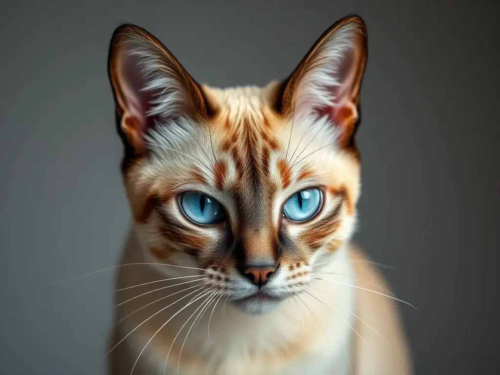 Fotorealistic dibujo de gato siamés con ojos azules y expresión intensa