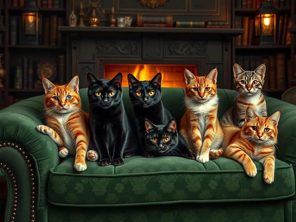 Un retrato realista de gatos de colores vibrantes relajándose en un sofá antiguo