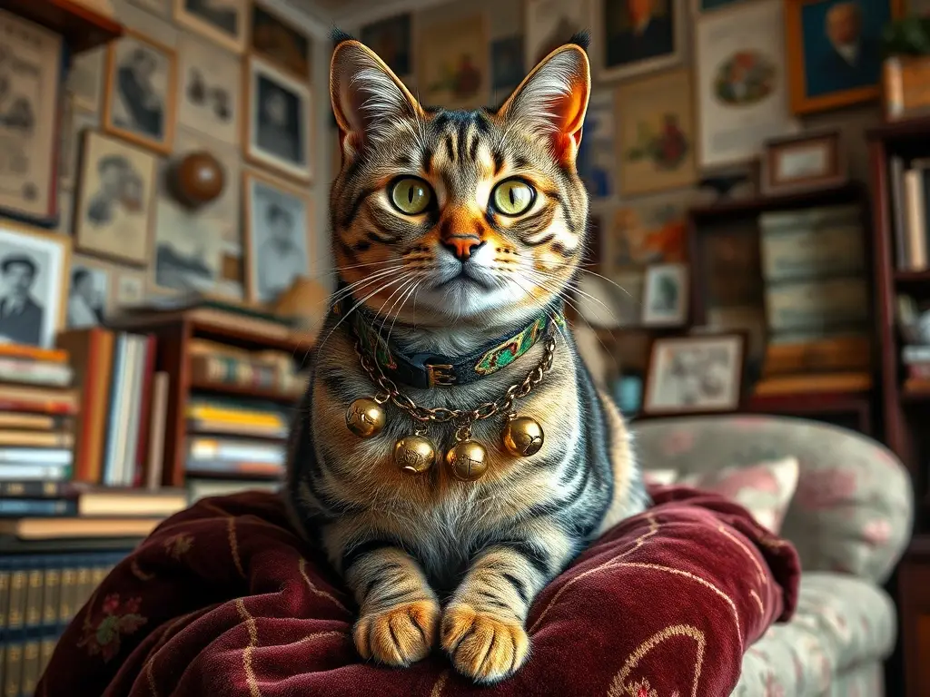 Un gato tabby majestuoso con collar y entorno vintage